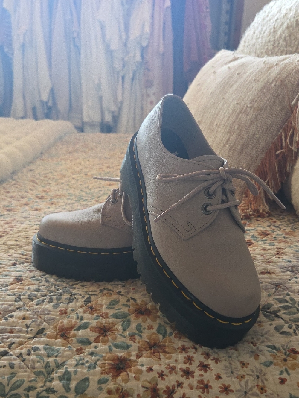 Dr. Martens Women's Lace-Up Platform Oxfords in Light Gray